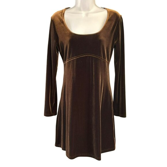 Y2K Vintage Express Tricot Brown Velvet Baby Doll Long Sleeve Mini Dress Sz 3/4 - Picture 1 of 4